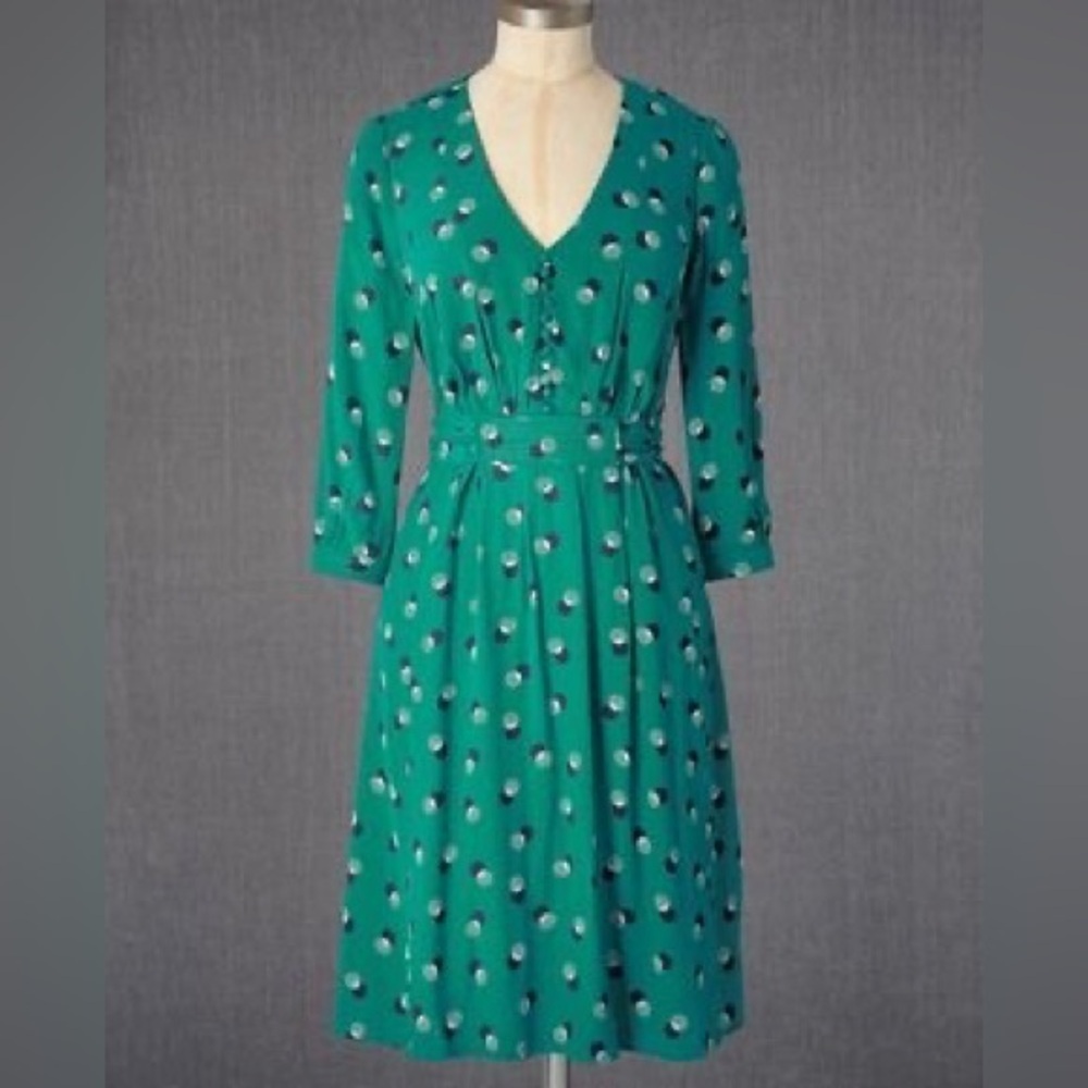 Boden Anouk Dress Sea Green Shadow Dots 10 Tall V Neck Midi 3/4 Sleeve